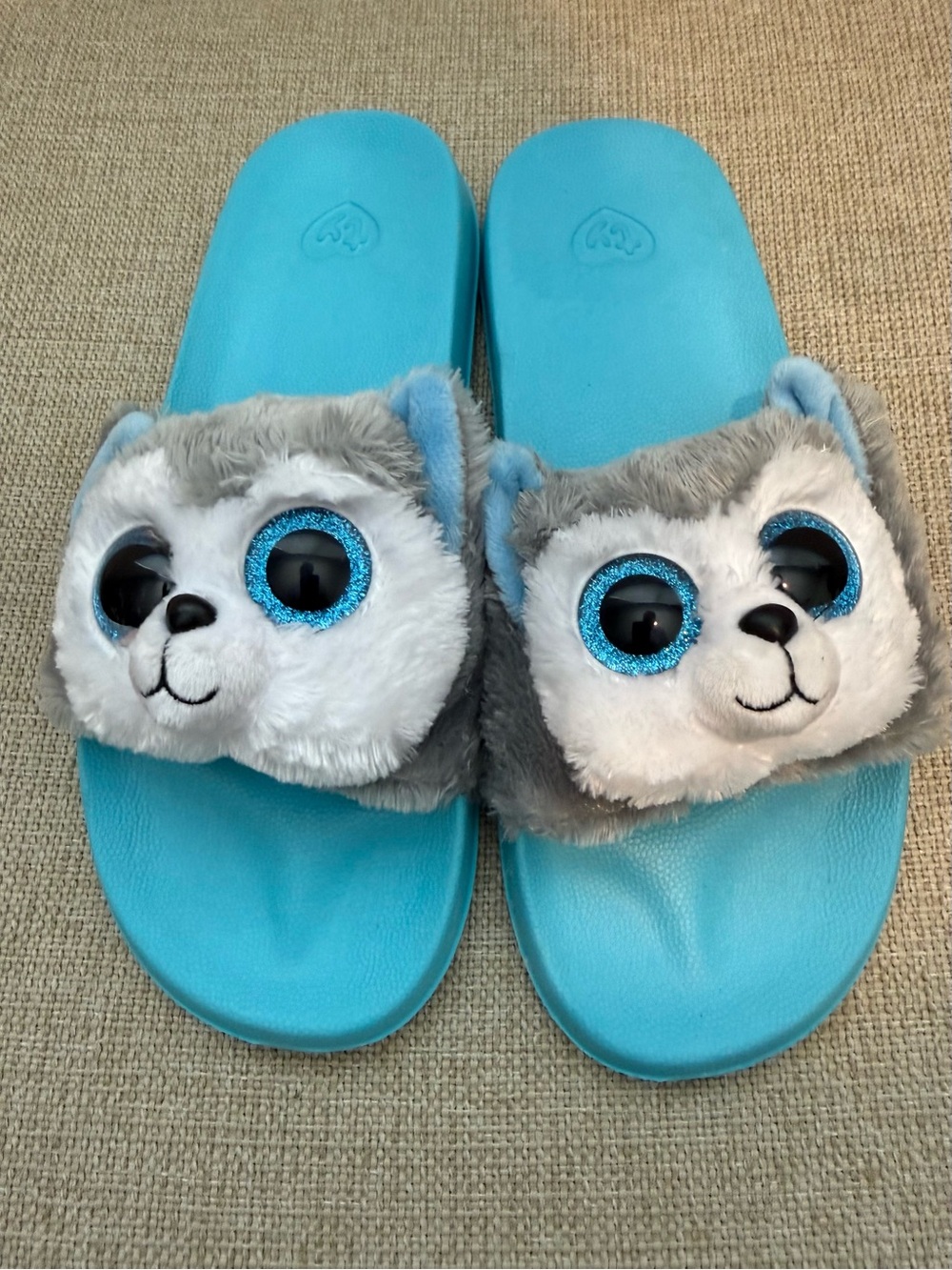 Ty Blue and Gray Kids Plush Husky Slide Slippers